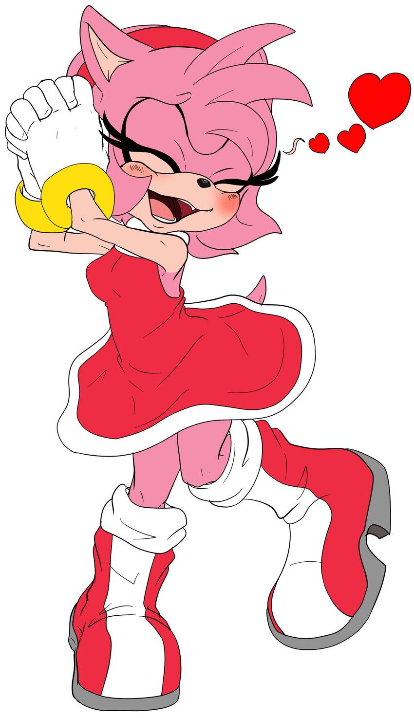 &lt;3 absurd_res amy_rose blush boots clothing dress eyes_closed female footwear gloves hair hedgehog hi_res mammal midnightflaze on_one_leg open_mouth pink_hair simple_background solo sonic_(series) standing white_background