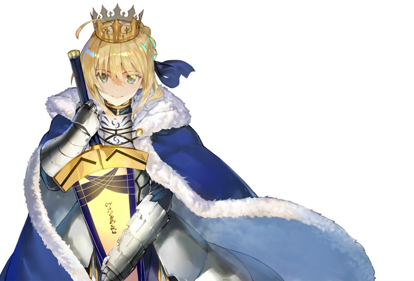 ahoge artoria_pendragon_(all) avalon_(fate/stay_night) blonde_hair blue_cape cape closed_mouth crown eyebrows_visible_through_hair fate/grand_order fate_(series) fur_trim gauntlets green_eyes looking_at_viewer saber shirabi simple_background solo sword upper_body weapon white_background