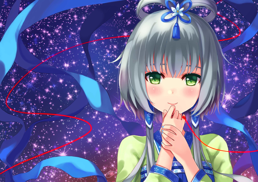 absurdres bangs blush chinese_clothes closed_mouth green_eyes grey_hair hair_ornament hair_rings hair_tubes highres long_hair looking_at_viewer luo_tianyi miu_(pixiv4149478) red_string short_hair_with_long_locks smile solo star starry_background string string_on_pinky upper_body vocaloid vocanese