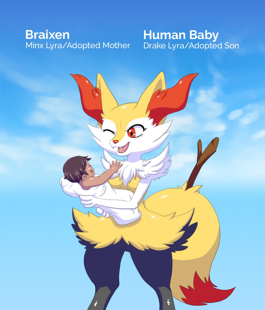 2016 anthro baby big_breasts braixen breasts canine cute digital_media_(artwork) drake_lyra english_text fan_character female fluffy fox fur human male mammal minx_lyra nintendo pok&eacute;mon silentsound simple_background smile text video_games young