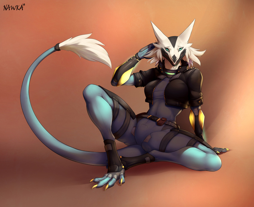 2018 anthro belt breasts cheek_tuft claws clothed clothing digital_media_(artwork) female hand_behind_head hi_res jacket looking_at_viewer nawka sergal simple_background sitting solo spread_legs spreading tail_tuft teal_eyes toe_claws tuft
