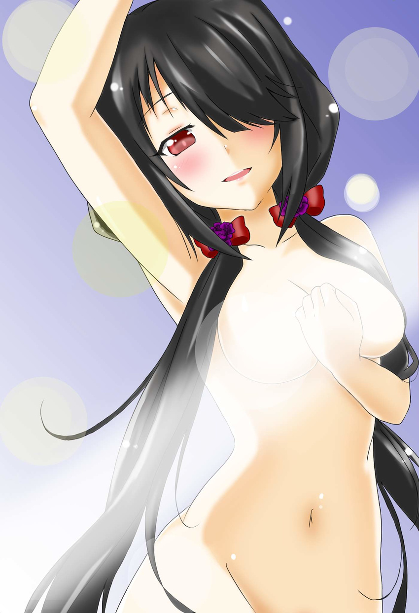 arm_above_head black_hair blue_background blush breasts date_a_live groin hand_on_own_chest highres large_breasts leixue_kongling lens_flare light_censor long_hair navel nude red_eyes solo tokisaki_kurumi twintails