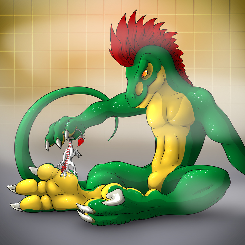 3_toes ahastar anthro big_feet bulge claws dangling diablo_the_rex digitigrade dinosaur feral foot_fetish foot_focus green_skin grey_(ahastar) hair macro_micro male male/male mohawk raptor red_hair scales size_difference steam talons teasing theropod toe_claws toes white_skin yellow_skin