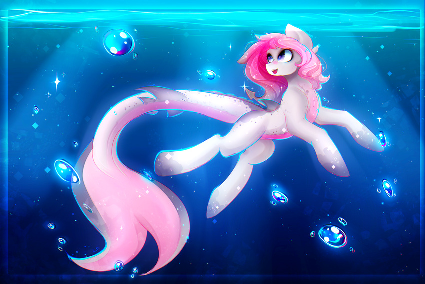 bubble fan_character female feral fin fish hair hooves hybrid koveliana mammal marine my_little_pony nude open_mouth pink_hair purple_eyes shark smile underwater water