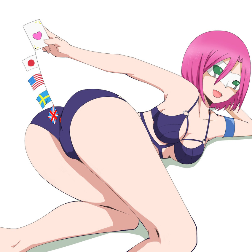 american_flag armband ass breasts commentary_request flags_of_all_nations gobanme_no_mayoi_neko highres japanese_flag keijo!!!!!!!! mask muromachi_hikari open_mouth pink_hair short_hair solo string_of_flags swedish_flag swimsuit union_jack white_background