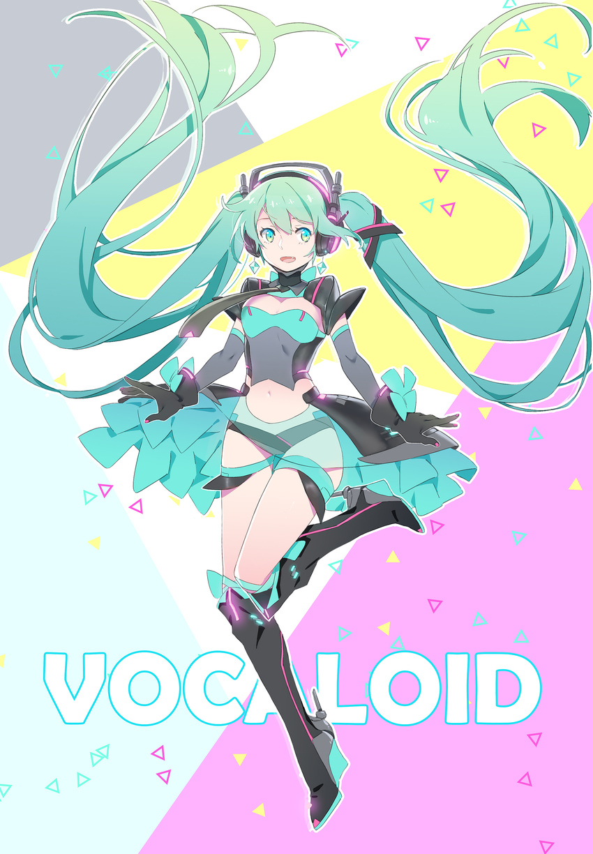 :d absurdly_long_hair absurdres aqua_eyes aqua_hair bad_id bad_pixiv_id black_footwear black_gloves black_neckwear boots copyright_name detached_sleeves fang floating_hair full_body gloves gradient_hair green_hair hair_between_eyes hatsune_miku headphones highres knee_boots leg_up long_hair looking_at_viewer multicolored multicolored_background multicolored_hair navel necktie open_mouth smile solo thigh_gap triangle twintails very_long_hair vocaloid zhuxiao517