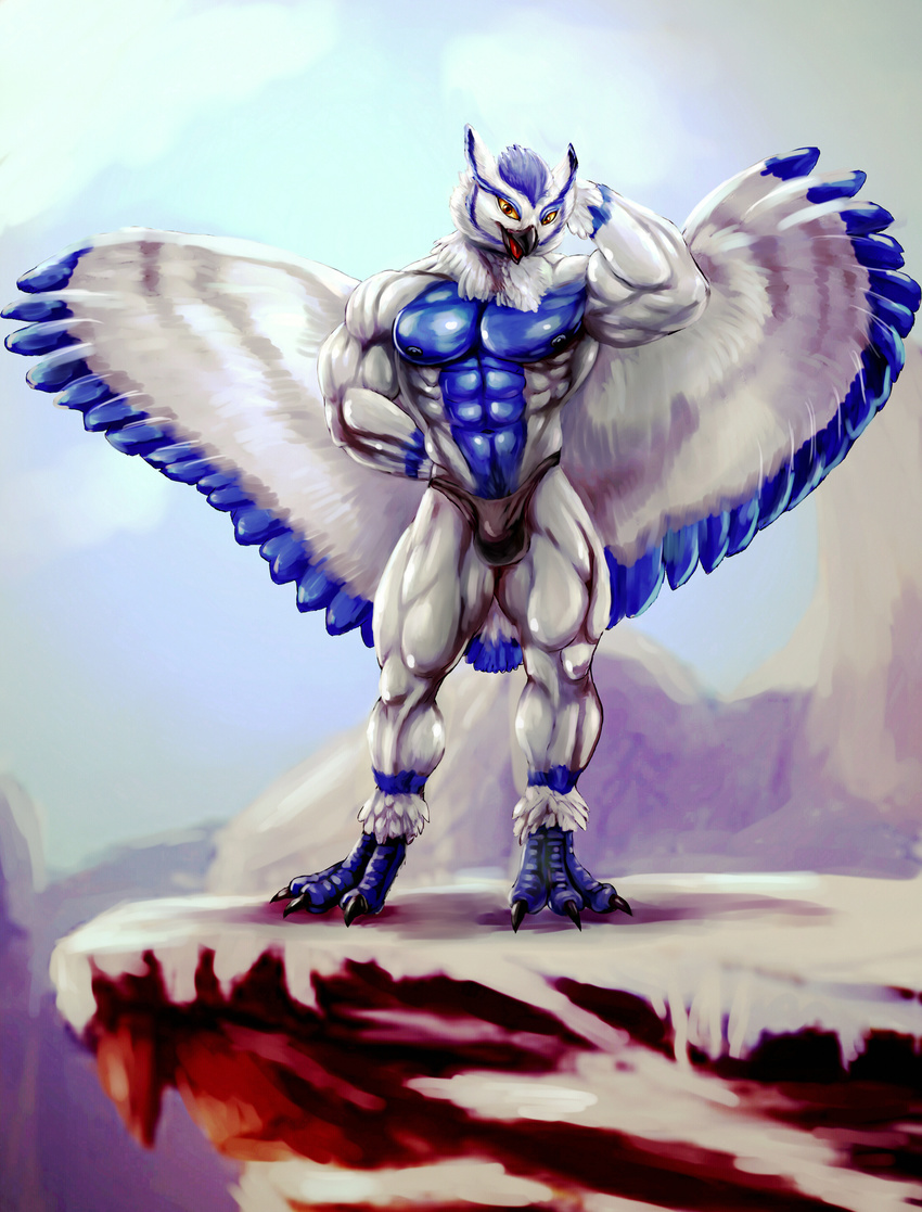 2016 abs absurd_res anthro avian barefoot beak biceps big_biceps bird black_beak black_bottomwear black_claws black_clothing bleakcat blue_feathers blue_nipples brown_eyes cheek_tuft claws clothed clothing colored day detailed_background feathers flexing front_view full-length_portrait hand_behind_back hi_res huge_muscles light male manly mountain muscular muscular_male navel nipples outside owl pecs portrait pose quads serratus shaded shadow sky solo sova speedo standing swimsuit topless triceps tuft two_tone_feathers white_feathers wings yellow_sclera
