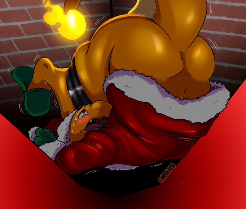 anthro blush butt charmander chimney christmas fan_character flaming_tail hadou hat holidays motion_lines nintendo pok&eacute;mon santa_hat satsui-n0-had0u scalie signature slightly_chubby slippers uhoh upside_down video_games