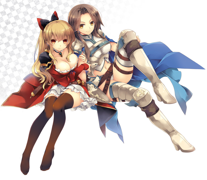 arm_holding armor bangs belt beltskirt black_bow black_legwear blonde_hair blue_dress boots bow breasts brown_eyes brown_hair cleavage collar collarbone commentary_request dress frilled_skirt frills granblue_fantasy greaves hair_bow hand_on_another's_arm katalina_aryze knee_up large_breasts long_hair mizuki_(hmndk) multiple_girls navel panties pantyshot pantyshot_(sitting) ponytail red_dress sitting skirt thigh_strap thighhighs thighs underwear vira_lilie white_background white_footwear white_panties white_skirt