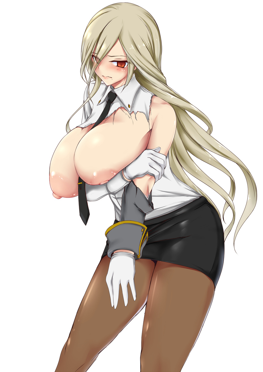 areolae between_breasts blonde_hair blush breast_hold breasts breasts_outside cleavage dress_shirt eiyuu_chronicle empty_eyes gloves hair_over_one_eye highres huge_breasts large_areolae leaning_forward long_hair looking_at_viewer mitsuru_(madeinore) mole mole_under_mouth necktie necktie_between_breasts nihel_angrboda nipples pantyhose pencil_skirt red_eyes shirt skirt solo standing torn_clothes torn_shirt transparent_background very_long_hair white_gloves white_shirt