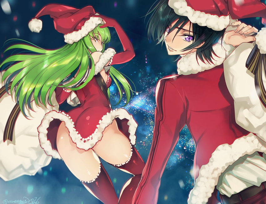 &gt;:) 1girl alternate_costume arm_up artist_name ass belt black_bow black_hair bow breasts c.c. carrying carrying_over_shoulder city_lights code_geass creayus dated dress elbow_gloves fingernails from_behind fur_collar fur_trim gloves green_hair hand_on_headwear hat holding jacket lelouch_lamperouge long_hair long_sleeves looking_back motion_blur over_shoulder parted_lips purple_eyes red_dress red_gloves red_hat red_jacket red_legwear sack santa_costume shiny shiny_skin shirt signature small_breasts smile snowing thighhighs thighs tsurime v-shaped_eyebrows white_shirt yellow_eyes