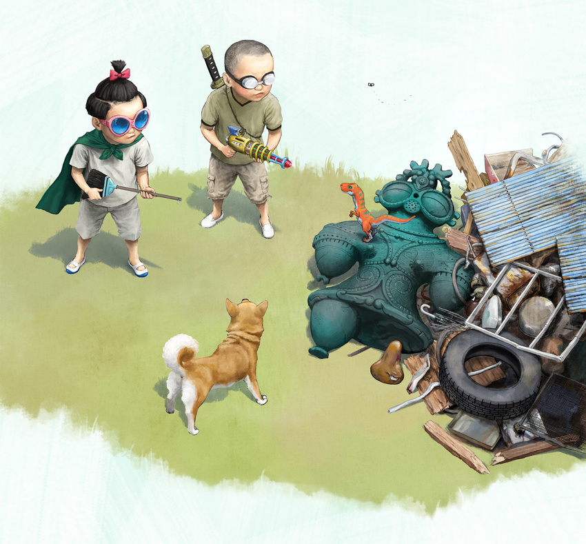 ab_(atstudio) bow bowtie broom bug cape damaged dog doguu energy_gun fly goggles grass highres insect junk multiple_boys original ray_gun shaved_head shirt shoes shorts sunglasses sword tire weapon