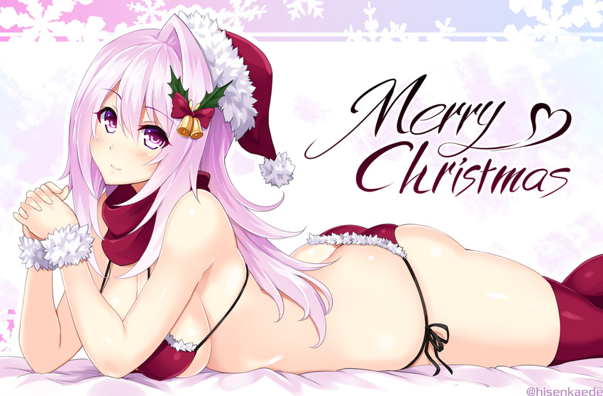 ass bikini breasts christmas cu-no from_side hands_clasped hat hisenkaede holly large_breasts lying merry_christmas on_stomach original own_hands_together pink_eyes pink_hair red_bikini red_legwear santa_costume santa_hat scarf side-tie_bikini sideboob smile solo swimsuit thighhighs yayoi_sakura