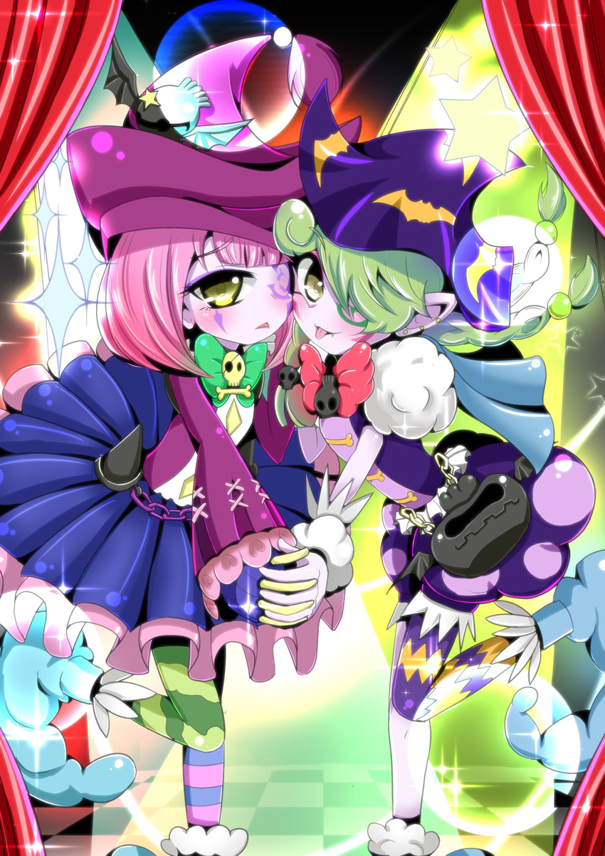 2girls abyss_actor_leading_lady abyss_actor_twinkle_littlestar bat body_markings bow chains checkered_floor demon demon_girl duel_monster facial_tattoo fangs green_bow green_hair hand_holding hat looking_at_viewer multiple_girls one_eye pink_eyebrows pink_hair pink_hat pointy_shoes purple_hat purse red_bow single_eye skull tattoo yellow_eyes yu-gi-oh! yuu-gi-ou_duel_monsters