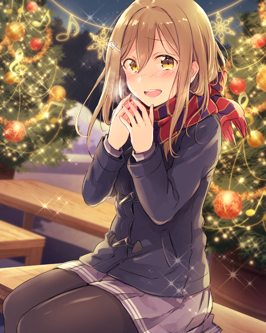 :d bangs beamed_eighth_notes bench black_legwear blush breath brown_eyes brown_hair christmas christmas_garland christmas_lights christmas_ornaments christmas_tree coat commentary eighth_note hair_between_eyes hair_ornament hairpin hands_together highres kunikida_hanamaru long_hair long_sleeves love_live! love_live!_sunshine!! musical_note open_mouth pantyhose sakou_mochi scarf sitting skirt smile solo sparkle striped striped_scarf treble_clef winter_clothes