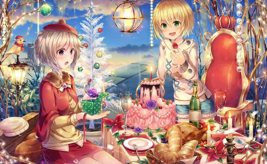 bird blonde_hair brown_eyes cake christmas christmas_tree food green_eyes hat multiple_girls original sakakidani silver_hair turkey_(food) winter