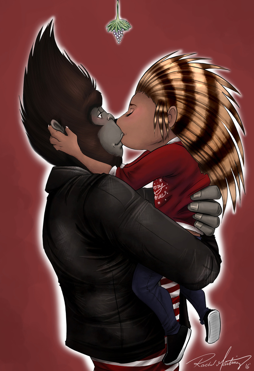 2016 anthro ape ash_(sing) blush christmas clothing eyes_closed female gorilla holding_character holidays interspecies jacket johnny_(sing) kissing larger_male male mammal mistletoe plant porcupine primate red_background rodent romantic_couple setoangel01 simple_background sing_(movie) size_difference smaller_female