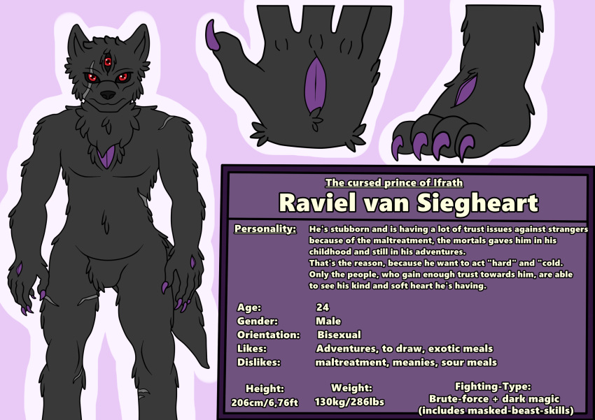 black_fur claws demonic digital_media_(artwork) flatcolor fur hybrid male model_sheet nude ray_van_siegheart red_eyes scar text wildwolfproduction