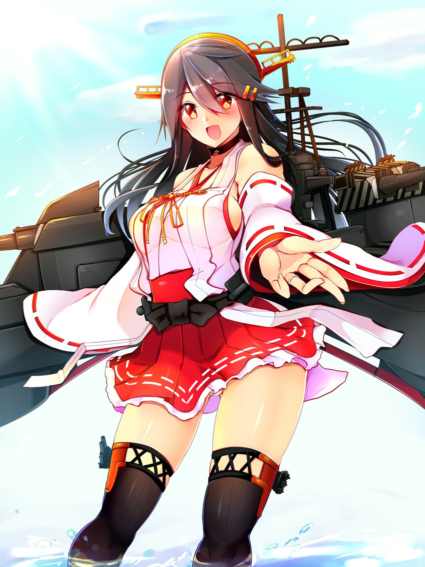 :d black_hair black_legwear blue_sky blush breasts brown_eyes cloud cloudy_sky collarbone commentary day detached_sleeves hair_between_eyes hair_ornament hairband hairclip haruna_(kantai_collection) headgear heart_lock_(kantai_collection) highres jewelry kantai_collection large_breasts long_hair looking_at_viewer nontraditional_miko open_mouth outdoors outstretched_arm pleated_skirt red_skirt remodel_(kantai_collection) ribbon-trimmed_sleeves ribbon_trim rigging ring sash sideboob skirt sky smile solo standing thighhighs thighs tsukui_kachou wading