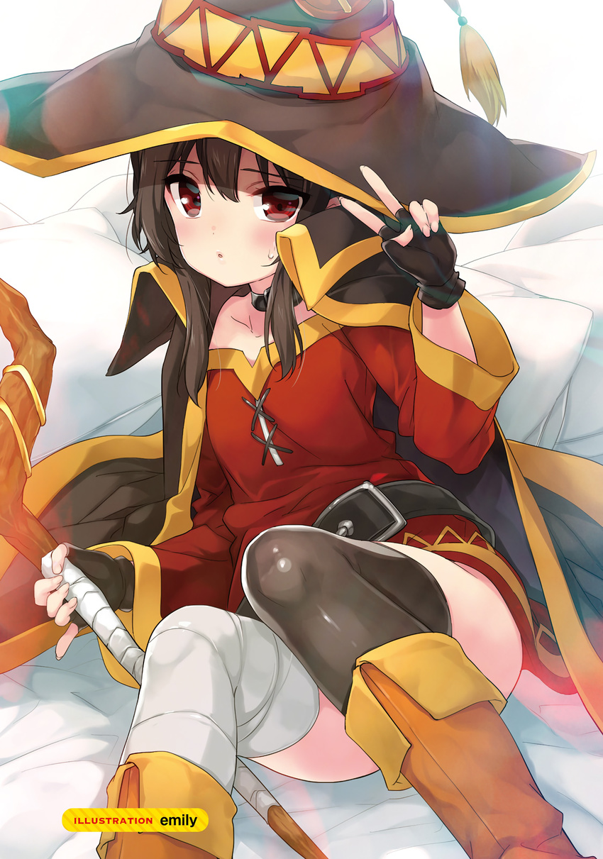 bandaged_leg bandages belt black_belt black_gloves black_hair black_legwear boots choker dress emily_(pure_dream) fingerless_gloves gloves hat highres kono_subarashii_sekai_ni_shukufuku_wo! looking_at_viewer lying megumin orange_footwear parted_lips red_dress red_eyes scan single_thighhigh solo staff sweatdrop thighhighs v witch_hat