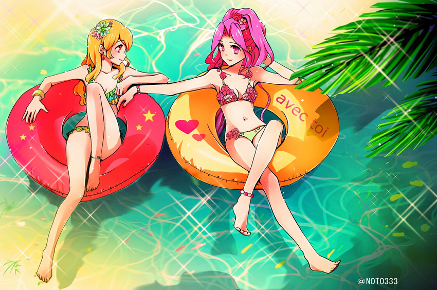 aikatsu! aikatsu!_(series) anklet barefoot bikini blonde_hair blush bracelet commentary_request couple crossed_legs earrings eye_contact floral_print flower french frilled_bikini frills from_above full_body hair_flower hair_ornament hoshimiya_ichigo idol innertube jewelry kanzaki_mizuki long_hair looking_at_another multiple_girls noto_(furanki) ocean outdoors palm_tree ponytail purple_eyes purple_hair red_eyes smile swimsuit text_focus tree twitter_username very_long_hair water yuri