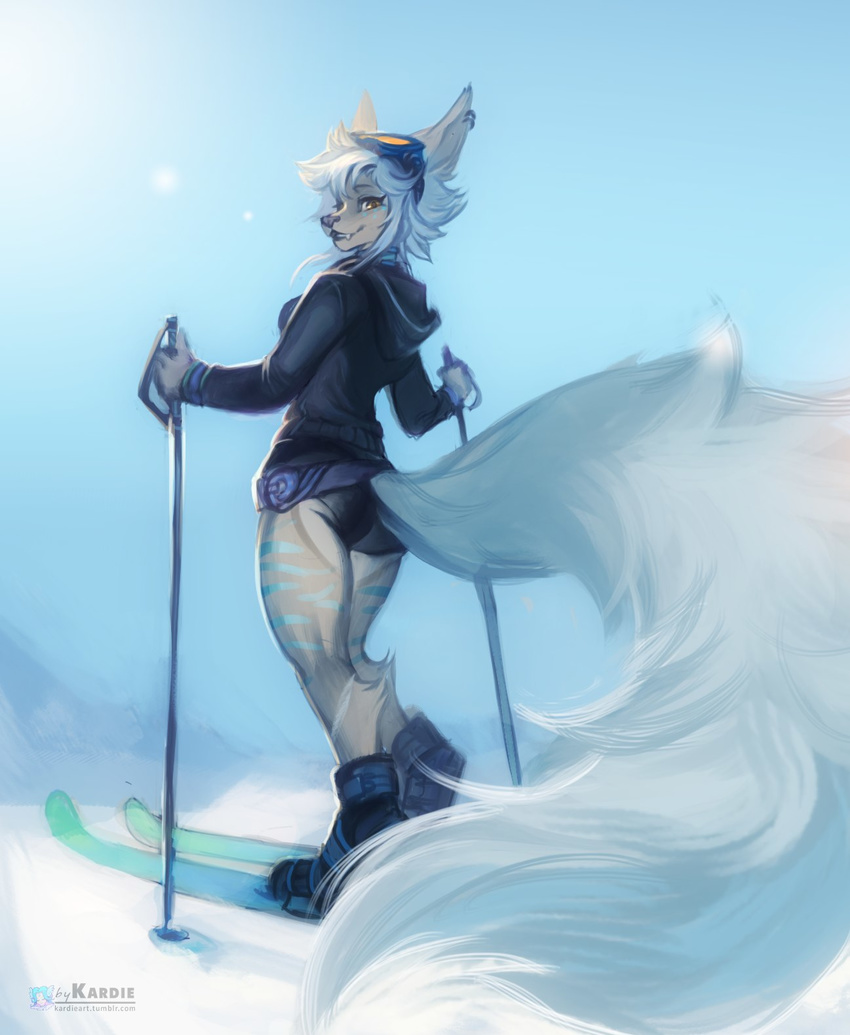 anthro canine eyewear female fennec fox goggles hair kardie long_hair looking_at_viewer mammal outside skis smile snow solo standing