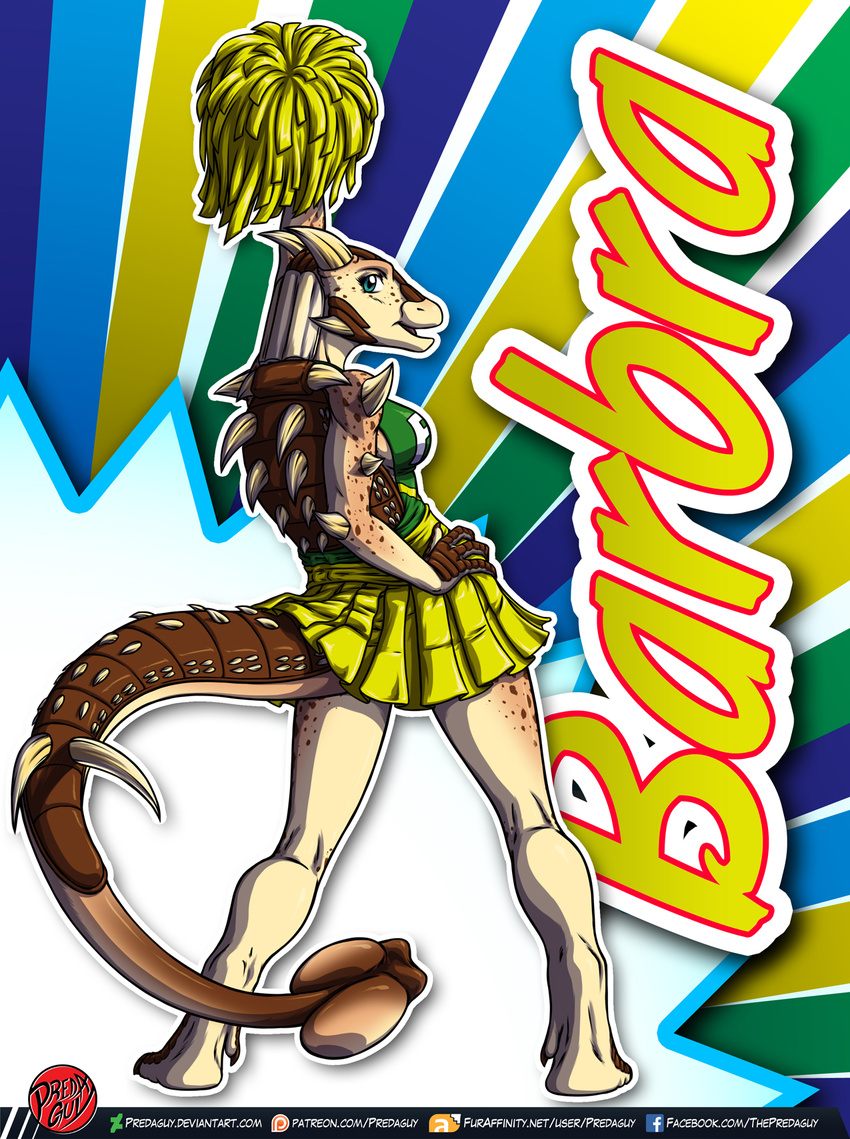 ankylosaur anthro anthrosaurs barbra_(raphael) cheerleader clothing colorful dilophosaurus dinosaur female hi_res miniskirt pom_poms predaguy skirt solo spikes spots theropod uniform