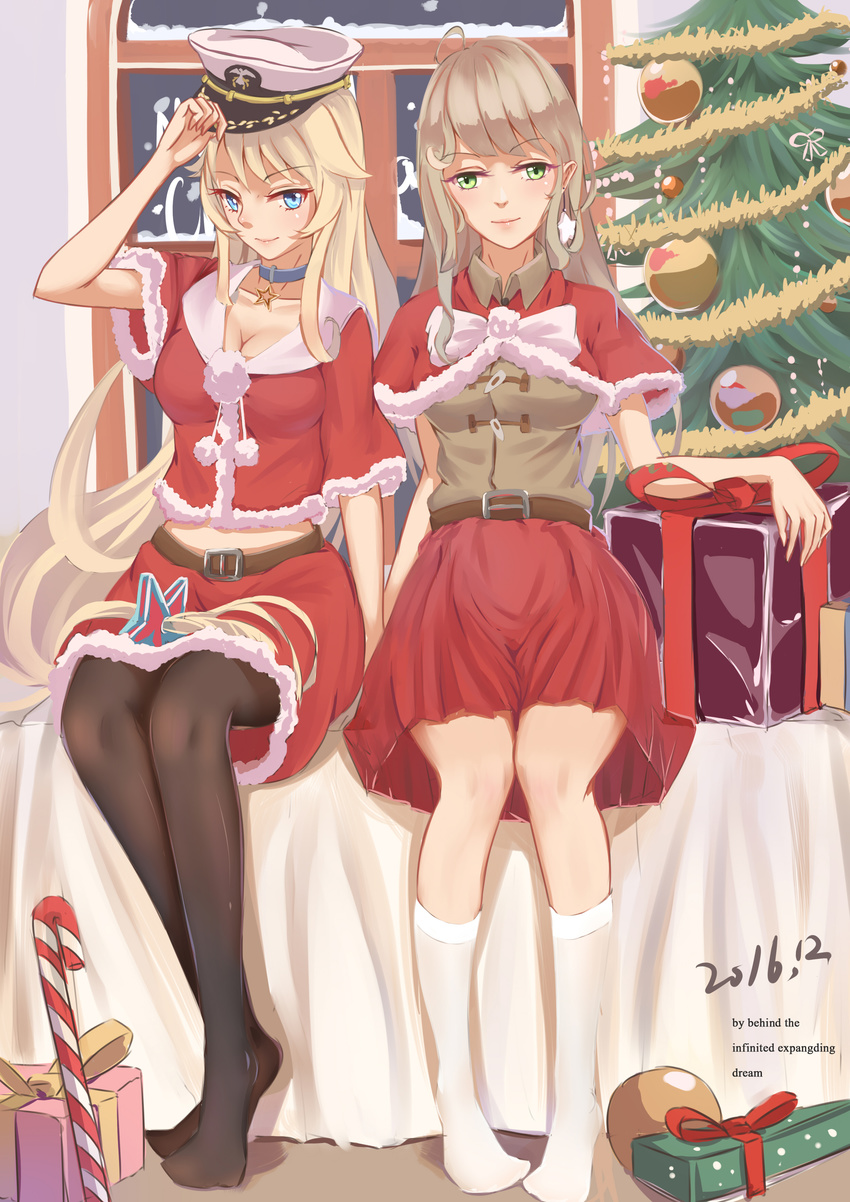 2girls absurdres alternate_costume bad_id bad_pixiv_id black_legwear blonde_hair blue_eyes breasts candy candy_cane christmas christmas_tree cleavage dated engrish enterprise_(zhan_jian_shao_nyu) food gift green_eyes highres kanryourei large_breasts long_hair medium_breasts midriff missouri_(zhan_jian_shao_nyu) multiple_girls pantyhose ranguage santa_costume smile snow socks window zhan_jian_shao_nyu