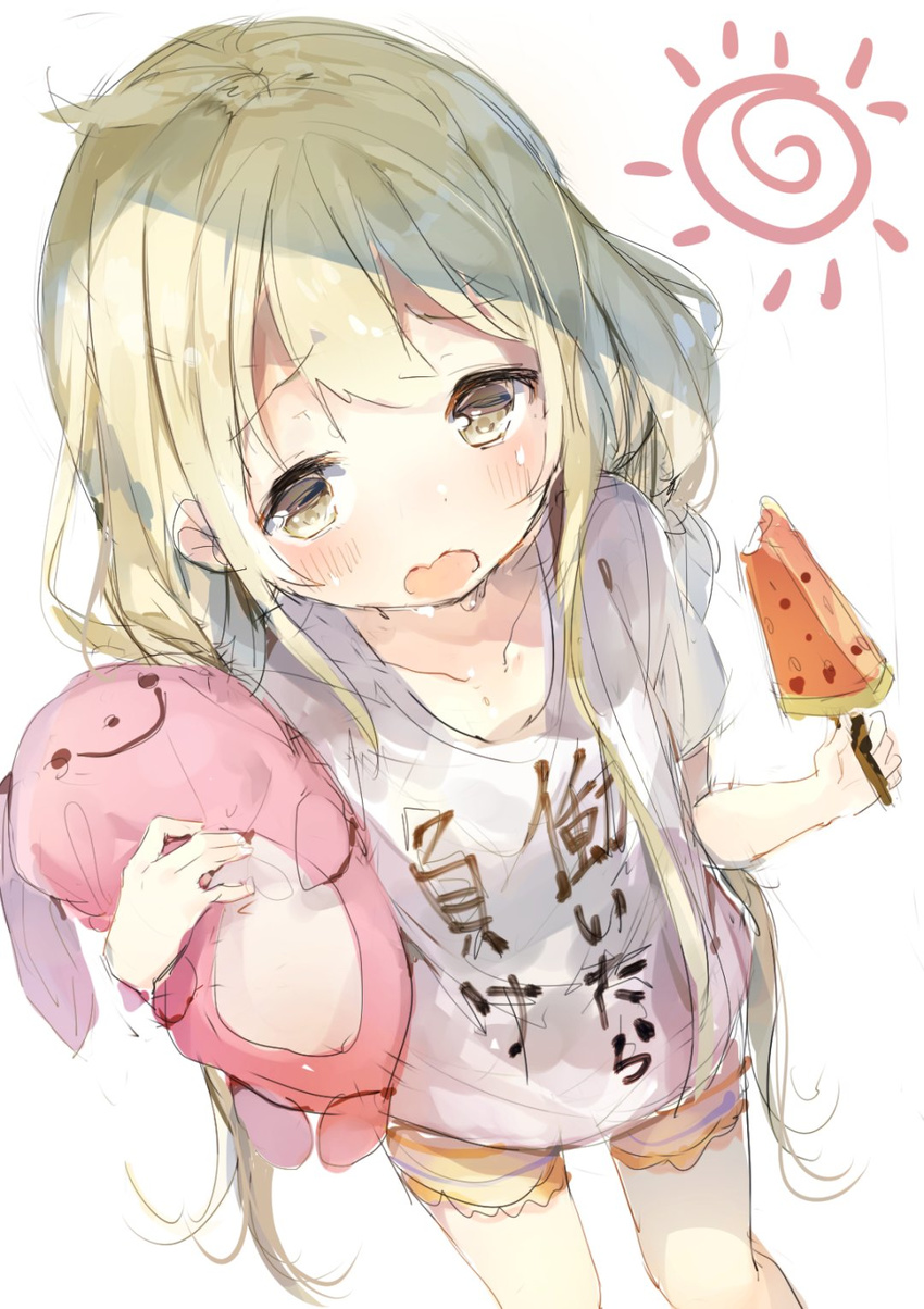 bangs blonde_hair breasts clothes_writing collarbone food from_above futaba_anzu highres holding holding_food idolmaster idolmaster_cinderella_girls long_hair popsicle shirt sketch small_breasts solo stuffed_animal stuffed_bunny stuffed_toy t-shirt umibouzu_(niito) watermelon_bar white_background white_shirt yellow_eyes you_work_you_lose