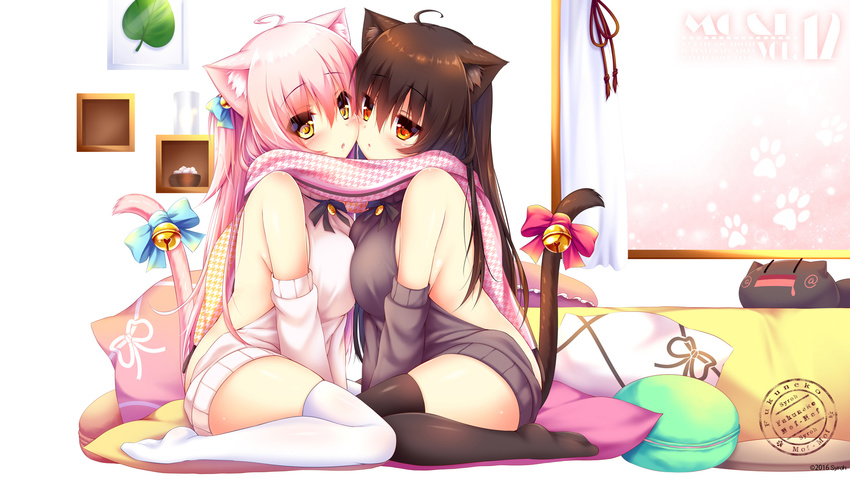 ahoge animal_ears asymmetrical_docking bell black_legwear blush bow breast_press breasts brown_hair cat_ears cat_tail cheek-to-cheek dress highres indoors jingle_bell large_breasts long_hair looking_at_viewer meme_attire mia_flatpaddy multiple_girls no_bra original pillow pink_hair red_eyes ribbon scarf shared_scarf shia_flatpaddy sideboob sitting sweater sweater_dress syroh tail tail_bell tail_bow tail_ribbon thighhighs virgin_killer_sweater wariza white_legwear zettai_ryouiki