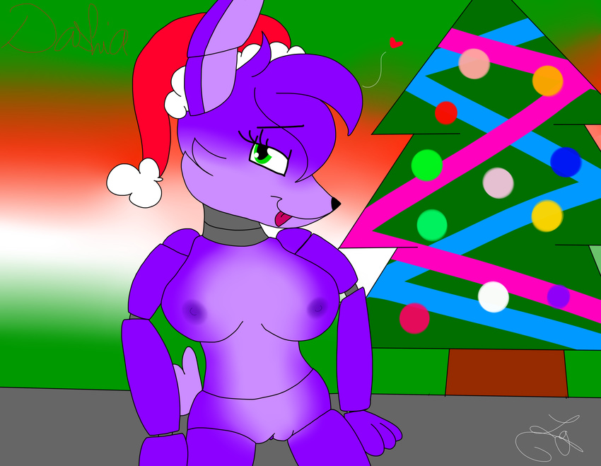 &lt;3 animatronic anthro big_breasts black_nose breasts christmas dashia dashiathebunny eyebrows eyelashes fan_character female five_nights_at_freddy's fur green_eyes hair hair_tuft holidays lagomorph looking_at_viewer machine mammal multicolored_fur naughty_face nipples purple_fur pussy rabbit robot signature simple_background smile spread_legs spreading tongue tongue_out tree video_games