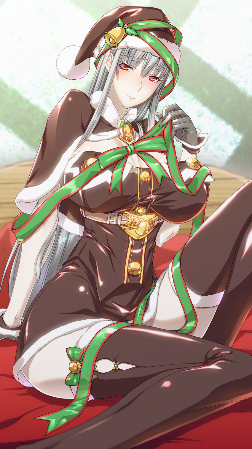 1girl ascot bed black_gloves blush breasts capelet christmas cleavage ebido embarrassed eyebrows eyebrows_visible_through_hair fur_collar fur_trim gloves highres huge_breasts indoors legs long_hair looking_at_viewer on_bed pale_skin red_eyes santa_costume santa_hat selvaria_bles senjou_no_valkyria silver_hair sitting solo thighhighs thighs zettai_ryouiki