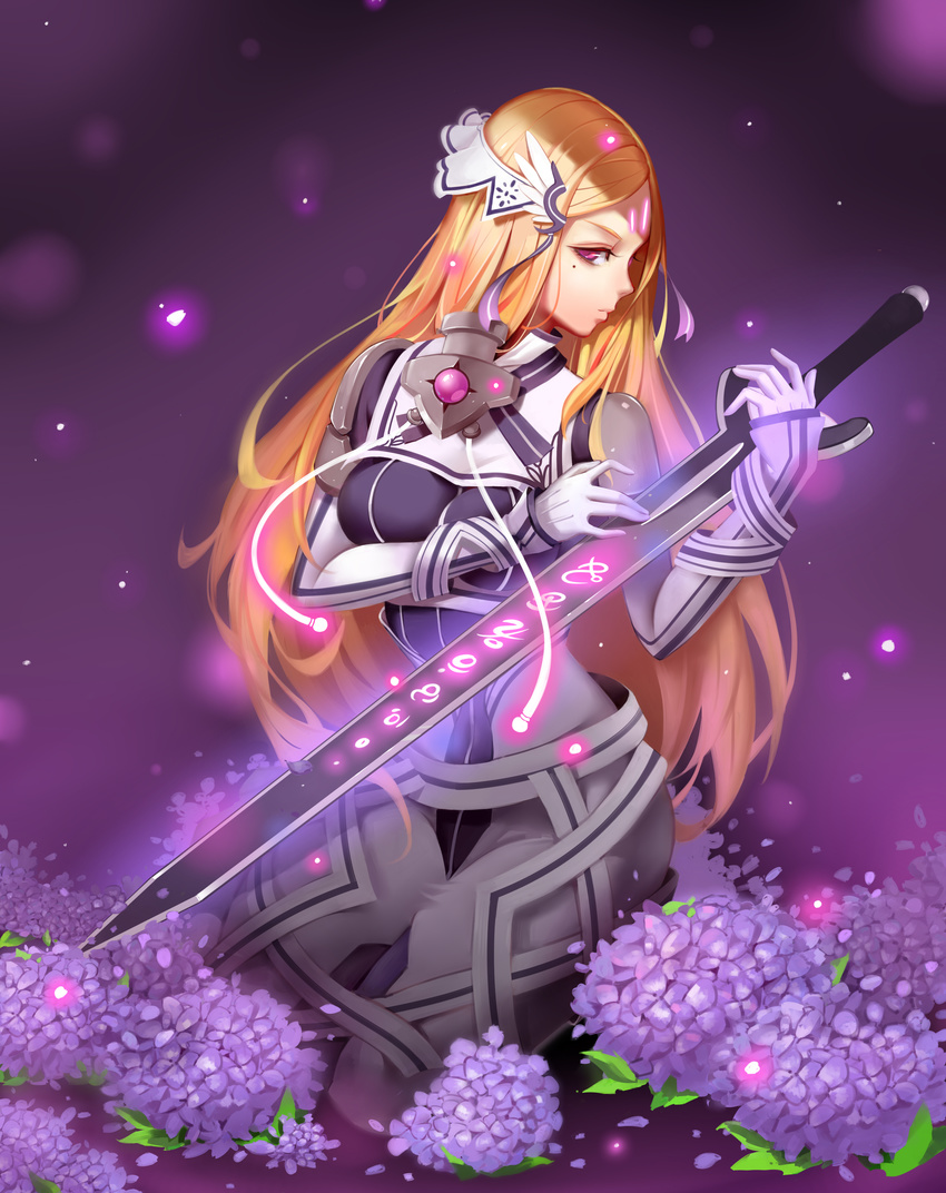 1girl absurdres armor armored_dress blonde_hair breasts character_request claymore_(sword) facial_mark flower forehead_mark gloves hair_ornament hairclip highres kneeling long_hair medium_breasts mole mole_under_eye pink_eyes reverse_grip solo sword weapon white_gloves zhano_kun