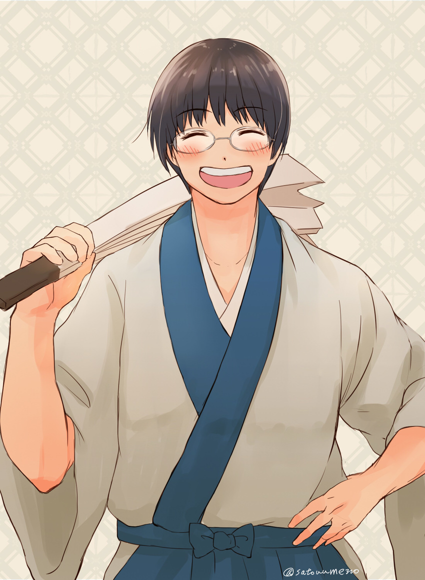 :d blue_hakama blush bow closed_eyes cowboy_shot eyebrows_visible_through_hair fan gintama glasses hakama hand_on_hip harisen highres holding holding_fan japanese_clothes kazuya0810 kimono male_focus open_mouth patterned_background shimura_shinpachi smile solo twitter_username wide_sleeves