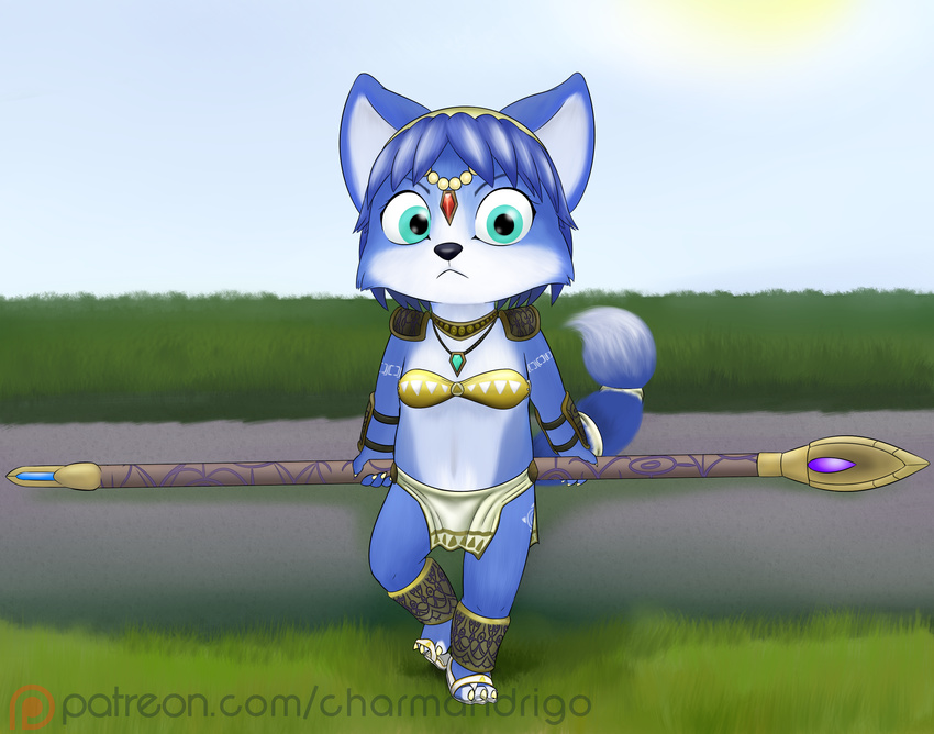 canine charmandrigo clothing cub fox grass krystal landscape loincloth mammal nintendo star_fox tribal video_games young