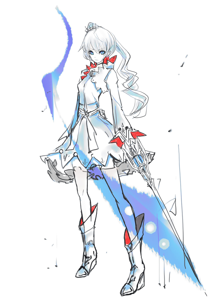 absurdres blue_eyes boots dress full_body hair_ornament highres holding holding_sword holding_weapon left-handed long_hair long_sleeves looking_at_viewer myrtenaster ponytail rwby scar scar_across_eye solo standing sword weapon weiss_schnee white_background white_dress white_footwear white_hair wide_sleeves yutapon