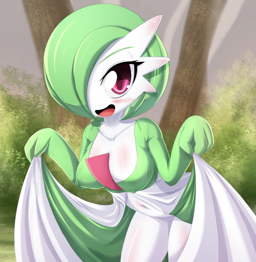 aryanne blush bow breasts clothing curtsey dress female forest friendly gardevoir happy invalid_tag monster monster_girl_(genre) navel nintendo nipples pok&eacute;mon smile tree video_games waifu