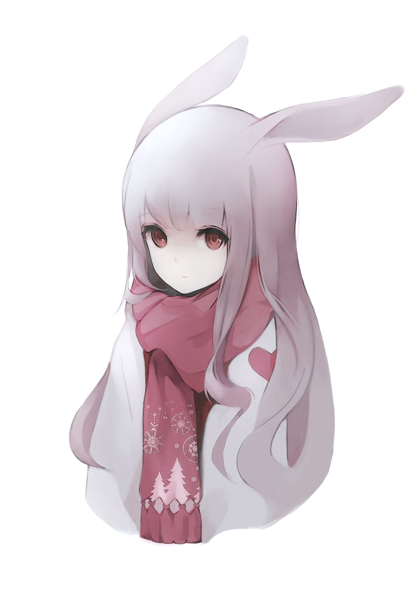 animal_ears bad_id bad_pixiv_id bunny_ears closed_mouth expressionless eyebrows_visible_through_hair fringe_trim grey_hair gyup highres long_hair looking_at_viewer original red_eyes simple_background snowflake_print solo upper_body white_background