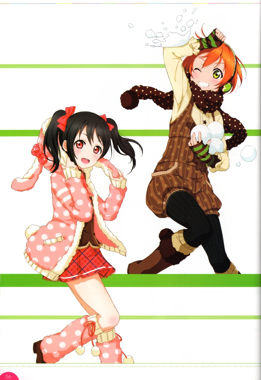 absurdres artist_request black_hair boots brown_footwear earmuffs fur-trimmed_boots fur_trim green_eyes grin highres holding hoshizora_rin knee_boots looking_at_viewer love_live! love_live!_school_idol_festival love_live!_school_idol_project multiple_girls non-web_source official_art one_eye_closed open_mouth orange_hair pantyhose polka_dot red_eyes scan scarf short_hair simple_background skirt smile snow_boots snowball snowball_fight twintails winter_clothes yazawa_nico