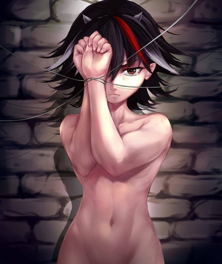 bad_id bad_pixiv_id black_hair bound bound_wrists hair_over_one_eye highres horns kijin_seija looking_at_viewer multicolored_hair navel nude red_eyes red_hair serious short_hair solo streaked_hair sudako_(dai011305) tears toned touhou white_hair