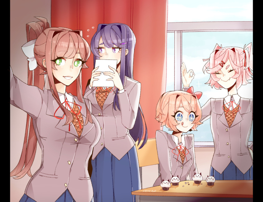 +_+ 4girls :&gt; :q blue_eyes blue_skirt bow breasts brown_hair caffe0w0 chair cleavage commentary covering_mouth cupcake curtains day doki_doki_literature_club eyebrows_visible_through_hair eyes_visible_through_hair fang fang_out flying_sweatdrops food green_eyes grey_jacket hair_bow hair_ornament hair_ribbon hairclip indoors jacket long_hair looking_away monika_(doki_doki_literature_club) multiple_girls natsuki_(doki_doki_literature_club) ok_sign pillarboxed pink_hair ponytail purple_eyes purple_hair red_bow red_ribbon ribbon sayori_(doki_doki_literature_club) school_uniform short_hair skirt smile table tongue tongue_out v-shaped_eyebrows white_ribbon window yuri_(doki_doki_literature_club)