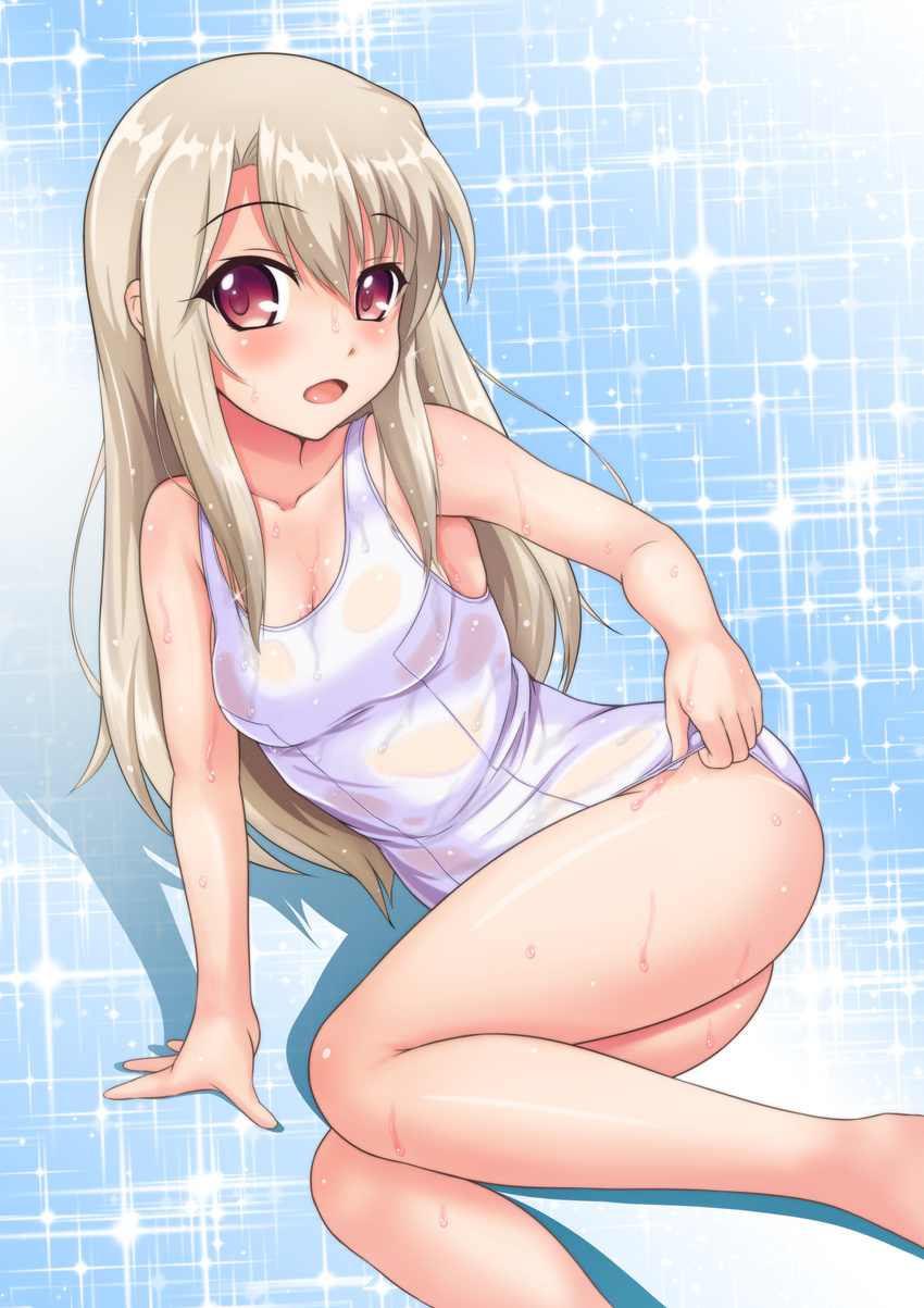 blue_background breasts brown_hair cleavage fate/kaleid_liner_prisma_illya fate_(series) highres illyasviel_von_einzbern kishimen legs long_hair medium_breasts one-piece_swimsuit open_mouth red_eyes school_swimsuit see-through solo swimsuit wet white_school_swimsuit white_swimsuit