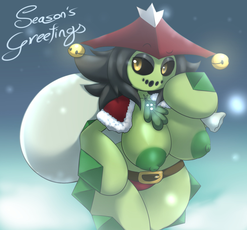 anthro bell belt big_breasts black_sclera breasts cacturne cactus christmas clothed clothing elfdrago english_text female flora_fauna green_skin hair holidays humanoid mistletoe nintendo nipples nora panties plant pok&eacute;mon pok&eacute;morph sack snow solo spikes text thick_thighs topless underwear video_games wide_hips yellow_eyes