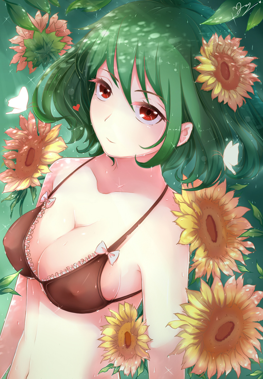 bad_id bad_pixiv_id bangs bare_shoulders bikini black_bikini black_bikini_top bow bow_bikini breasts bug butterfly cleavage closed_mouth collarbone covered_nipples eyebrows_visible_through_hair flower green_hair hair_between_eyes hair_flower hair_ornament highres insect kazami_yuuka lace lace-trimmed_bikini lace_trim leaf medium_breasts midriff navel plant short_hair sideboob signature solo sparkle strap_gap string_bikini sunflower sunflower_hair_ornament swimsuit touhou upper_body wet white_bow yanyanzi