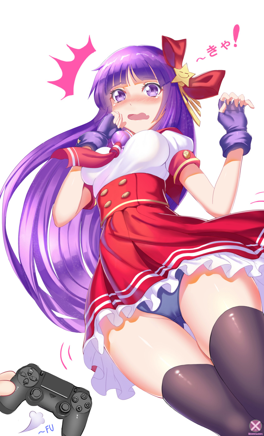 absurdres asamiya_athena bad_id bad_pixiv_id bangs black_legwear blowing blue_panties blunt_bangs blush breasts controller dualshock fingerless_gloves game_console game_controller gamepad gloves highres long_hair looking_at_viewer mahousho medium_breasts open_mouth panties playstation_4 pov purple_eyes purple_gloves purple_hair simple_background snk solo_focus tears the_king_of_fighters the_king_of_fighters_xiv thighhighs underwear upskirt white_background