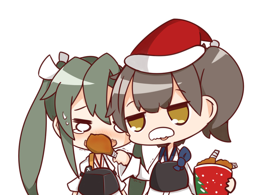 :d chibi commentary_request fake_facial_hair fake_mustache feeding food green_hair grey_hair hair_ribbon hakama holding japanese_clothes kaga_(kantai_collection) kantai_collection long_hair multiple_girls muneate nuu_(nu-nyu) open_mouth ribbon simple_background smile sweat tasuki tears trembling trolling turkey_(food) twintails white_background yellow_eyes zuikaku_(kantai_collection)