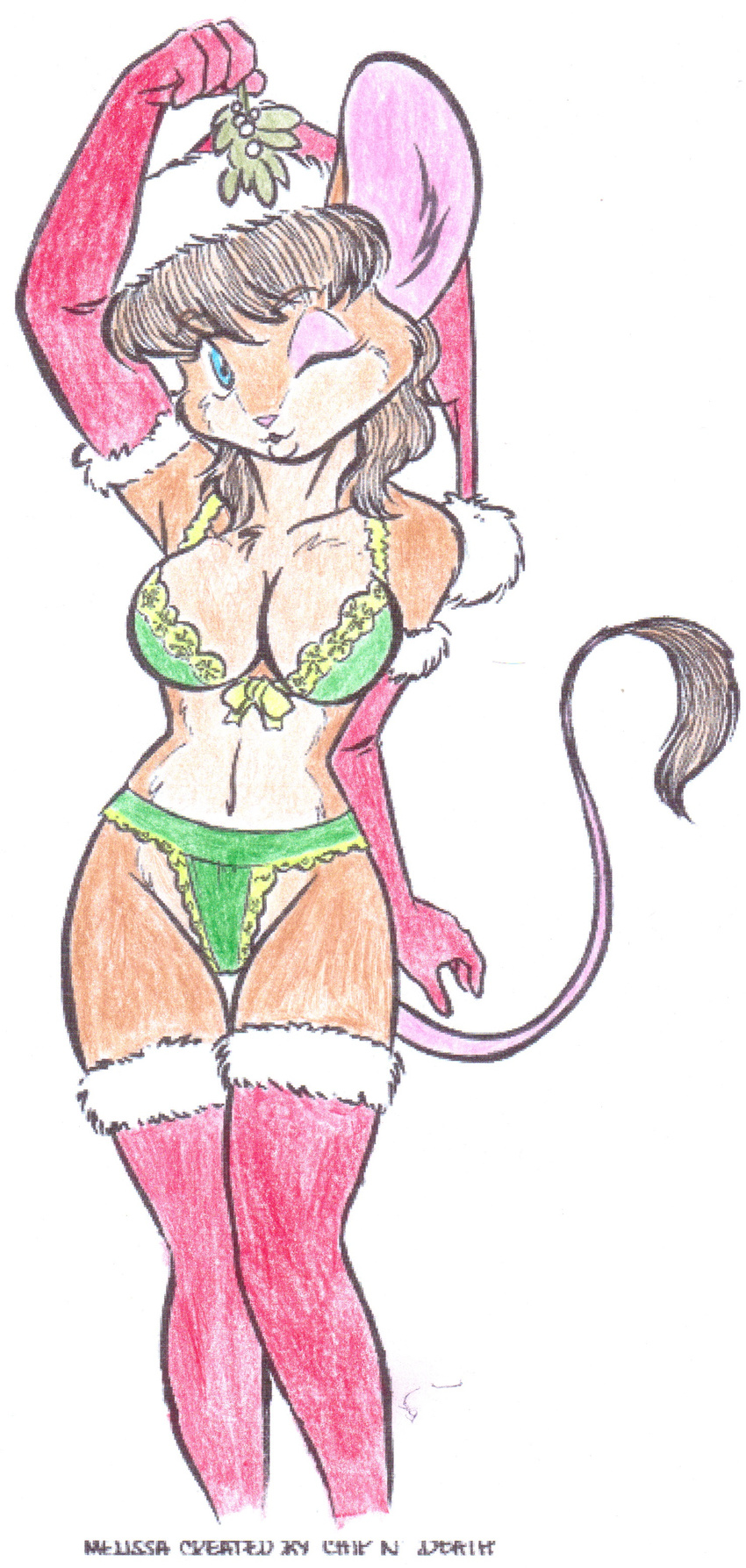 anthro armpits blue_eyes bra chip_n'death christmas clothing colored_pencil elbow_gloves female gift gloves hat holidays ivra_jursdotter legwear mammal melissa mouse one_eye_closed panties rodent santa_hat solo standing star stockings traditional_media_(artwork) underwear wink