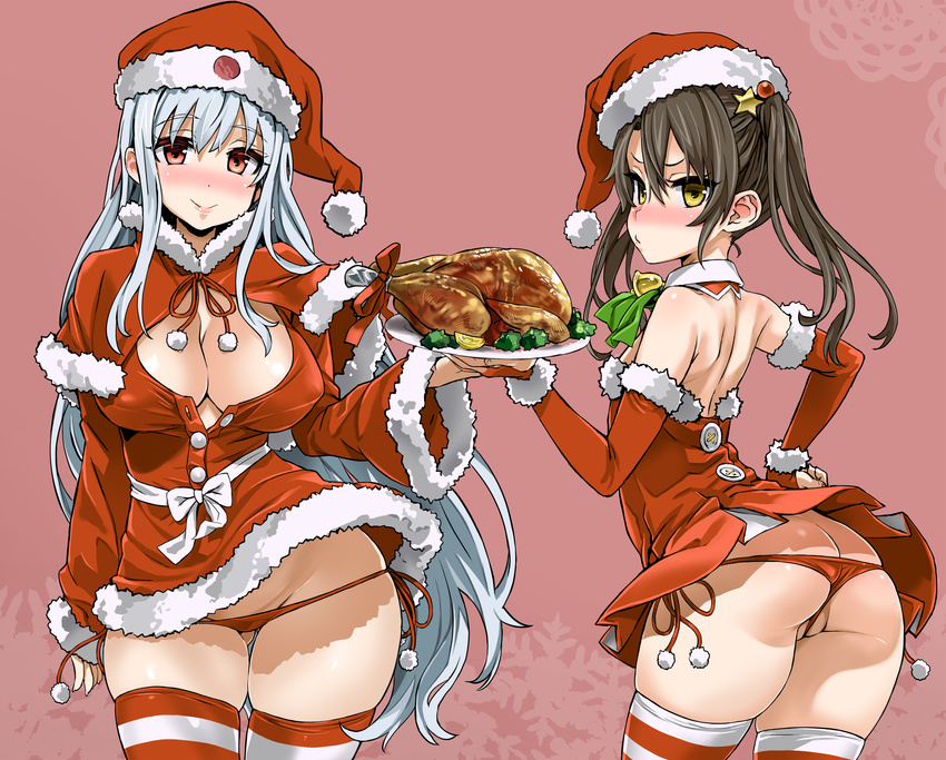 absurdres asanagi ass bare_shoulders black_hair blush breasts brown_eyes butt_crack buttons capelet christmas cleavage commentary_request covered_nipples detached_collar elbow_gloves fingerless_gloves food gloves hat highres kantai_collection large_breasts long_hair looking_at_viewer lowleg lowleg_panties multiple_girls panties partially_visible_vulva plate red_eyes red_gloves red_panties santa_costume santa_hat shoukaku_(kantai_collection) side-tie_panties silver_hair skindentation smile striped striped_legwear thighhighs thighs turkey_(food) twintails underwear zuikaku_(kantai_collection)