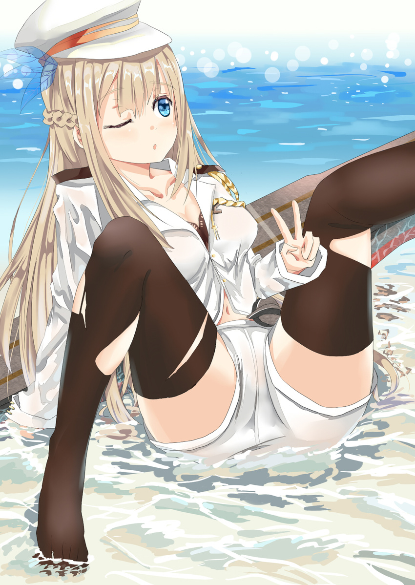 arm_support black_legwear blonde_hair blue_eyes blush breasts cleavage epaulettes gatari hair_ornament half_updo hat highres large_breasts lexington_(zhan_jian_shao_nyu) long_hair navel one_eye_closed partially_submerged partially_unbuttoned short_shorts shorts solo thighhighs thighs torn_clothes torn_legwear v water zhan_jian_shao_nyu