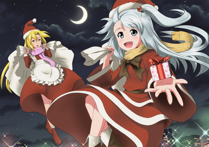 blonde_hair city crescent_moon gift gift_bag grey_eyes hat highres maid moon multiple_girls night sachishiro_pengin santa_hat scarf shinki touhou touhou_(pc-98) white_hair yellow_eyes yumeko